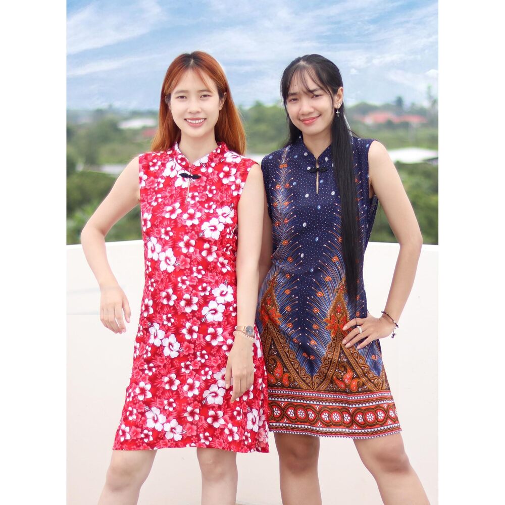 7466 Dress Chinese with Eyelets Small Hibiscus Flowers in Lava Red sz XL - Picture 5 of 5